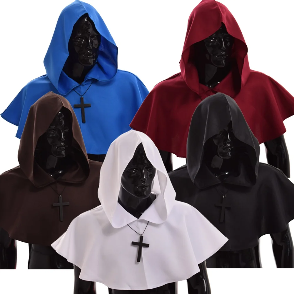 Mantello medievale Caped Pirate Hood Cosplay Halloween Party Capelet mantello Wicca Priest Monk Pagan Cowl Hat