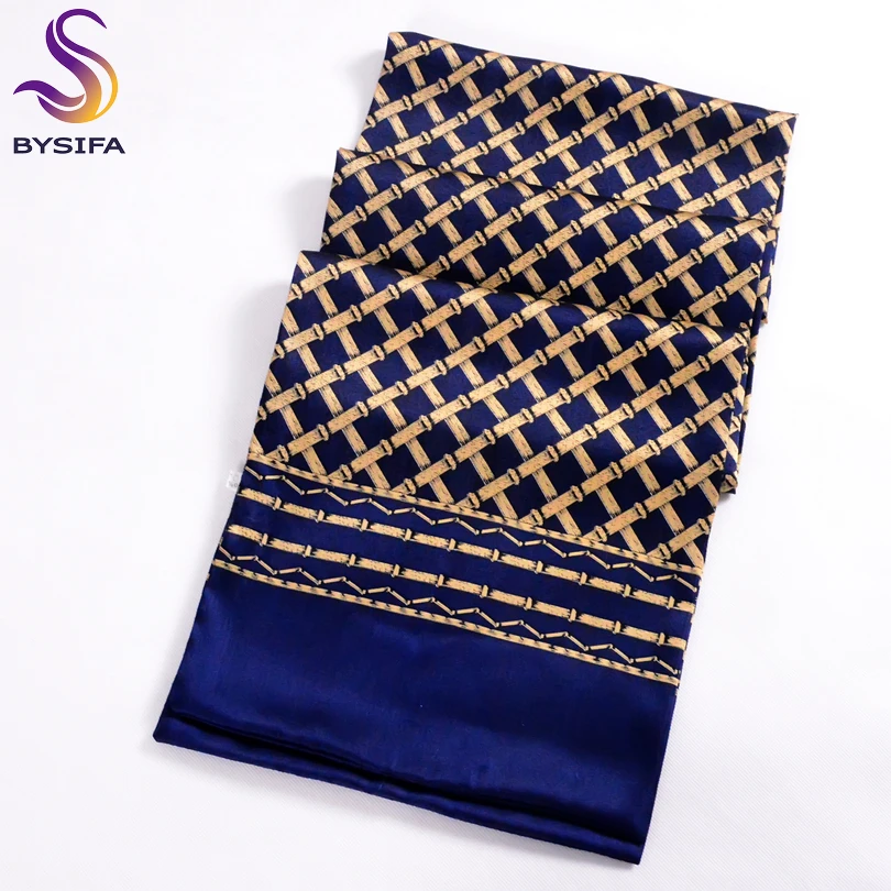 [BYSIFA] Navy Blue Gold Plaid Men Silk Scarves Fashion Accessories Autumn Winter Male Pure Silk Long Scarves Cravat 160*26cm