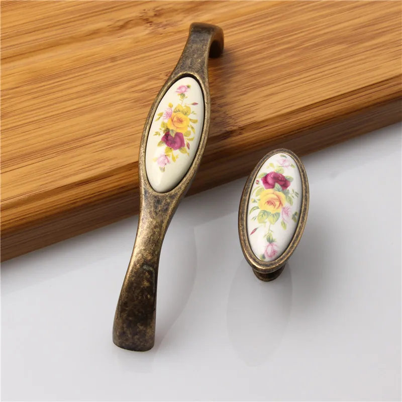 Vintage Bronze Ceramic Door Handles Cabinet Cupboard Wardrobe Drawer Closet Pull Knobs Kitchen Furniture Hardware Accessories