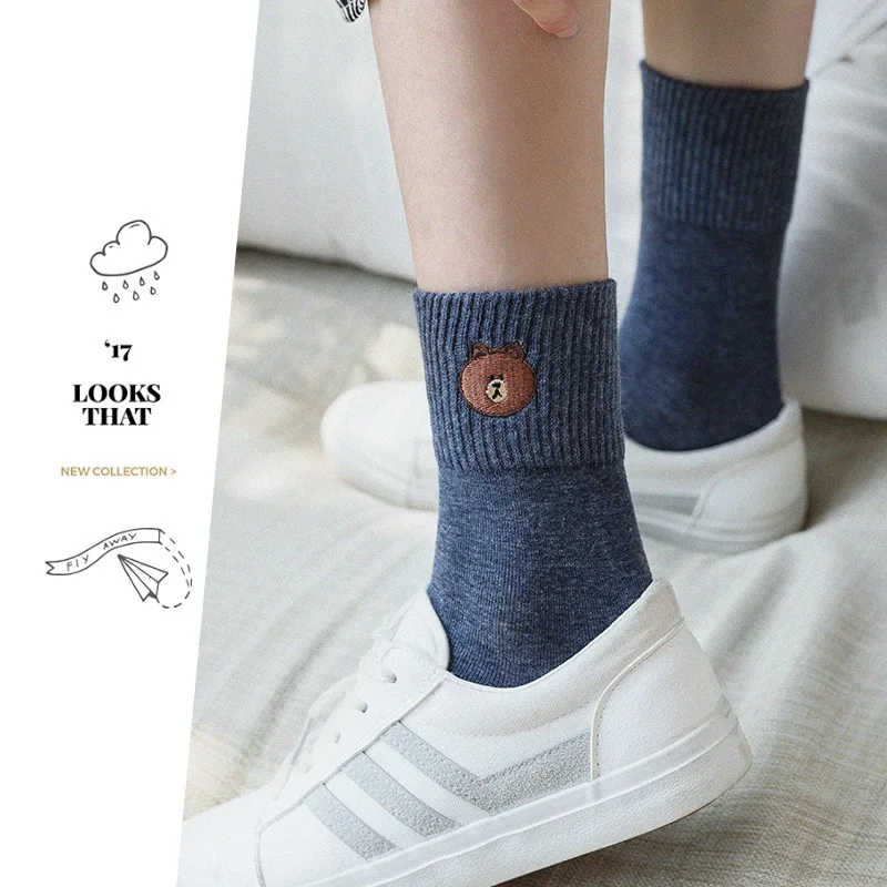 YSMILE Y 6Pairs /Lot Autumn Winter Embroidery Bear Women Socks Solid Cartoon Cotton Female Daily Casual All Match Socks For Lady