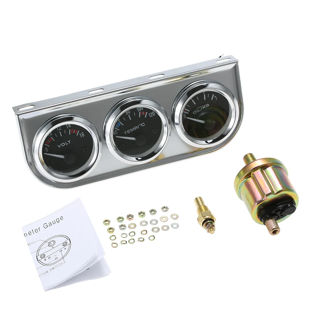 High-quality 52MM Oil Pressure Fahrenheit Water Temperature Gauge Voltmeter Chrome 3 in 1 Gauge Kit  Car Motorcycle Meter