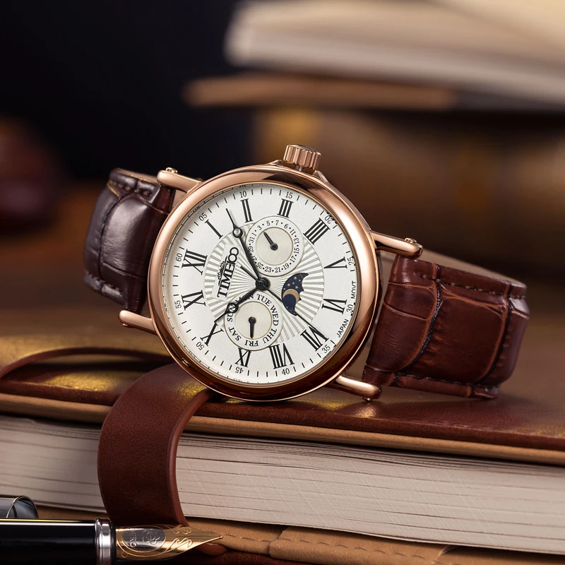 TIME100 Men Watches Quartz waterproof auto date sun Phase Leather Strap Business WristWatch stainless steel relogio masculino