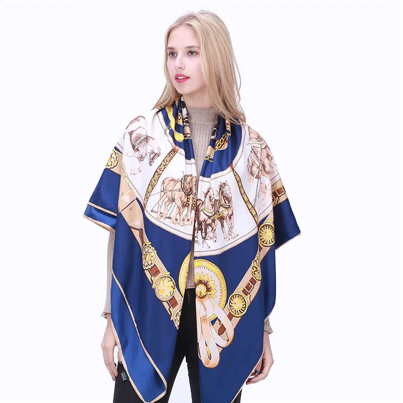 POBING 100% Silk Scarf Women Square Scarves Spain Horse Neckerchief Carriage Print Foulard Silk Head Hijab Lady Bandana 130*130