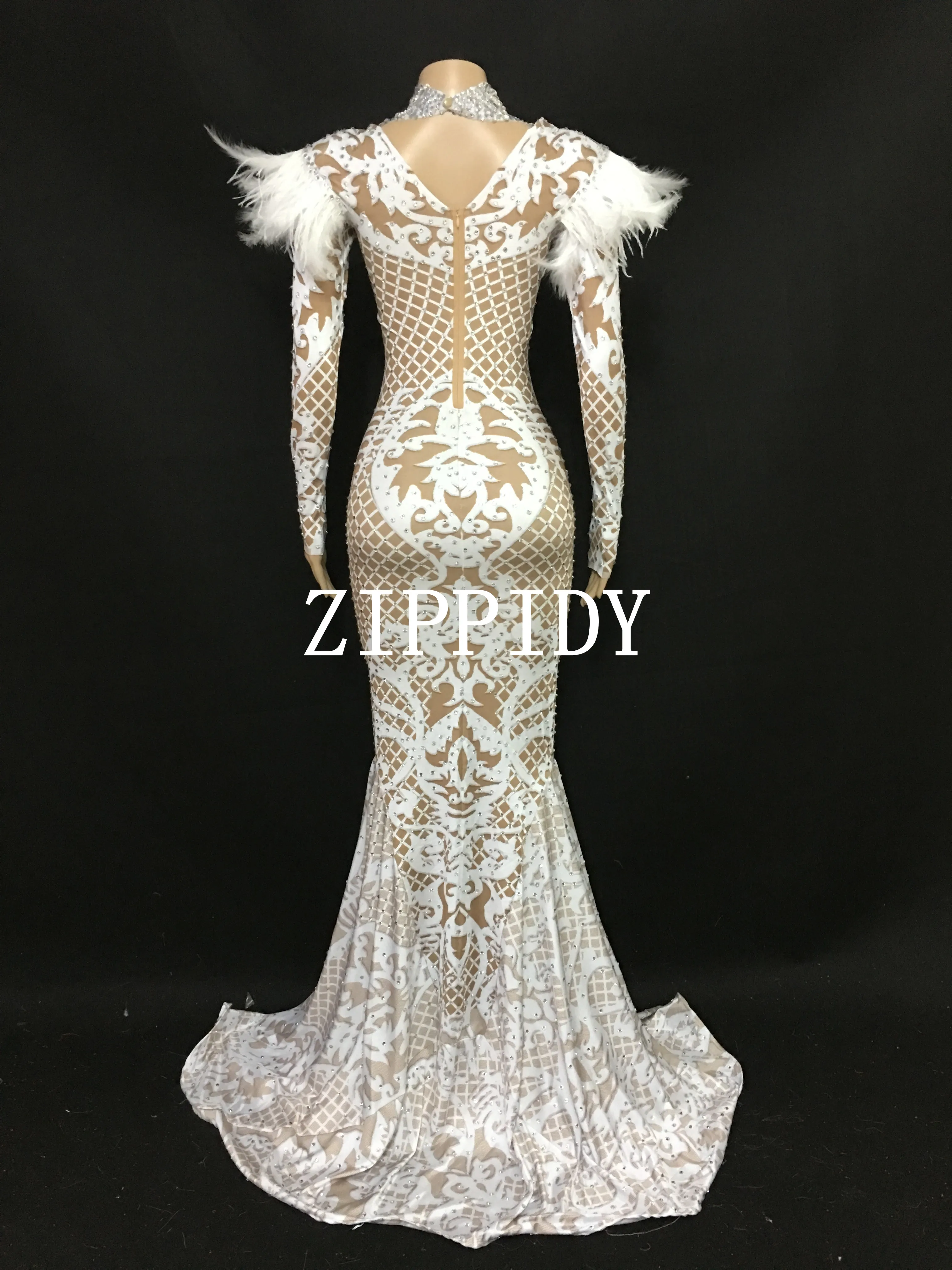 White Feather Shoulder Rhinestone Long Train Dress Women Evening Costume Prom Celebrate Big Tail Dresses Women Party Wear Dress