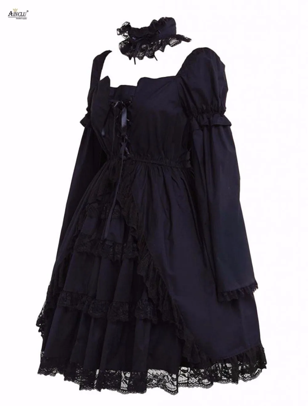 Womens Lolita Dress Cotton Black Square Neck Long Sleeves Gothic Court Temperament Lolita Dress Cosplay Costumes party