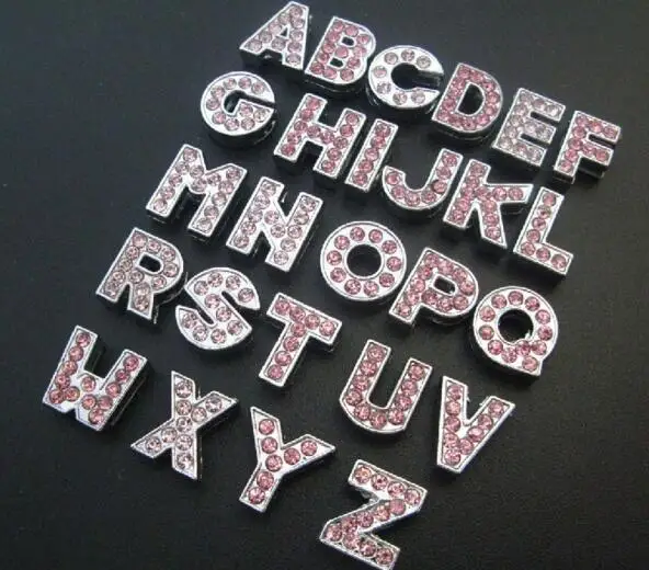 10PC/lot Hole 8MM Pink Rhinestones Slide Letter A--Z English Alphabet Fit For DIY Charms Keychains