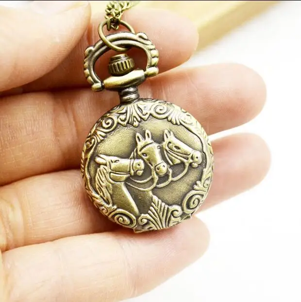 Vintage Bronze Horses Pocket Watch Necklace, 10pcs/lot, Free shipping gift watches