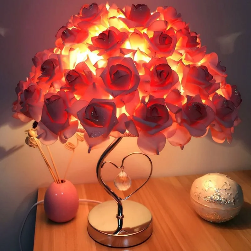 Rose Flower Table Lamp Wedding Home Decoration LED Night Light Heart Shape Bedside Desk Lamp Christmas Gift Lighting Fixture