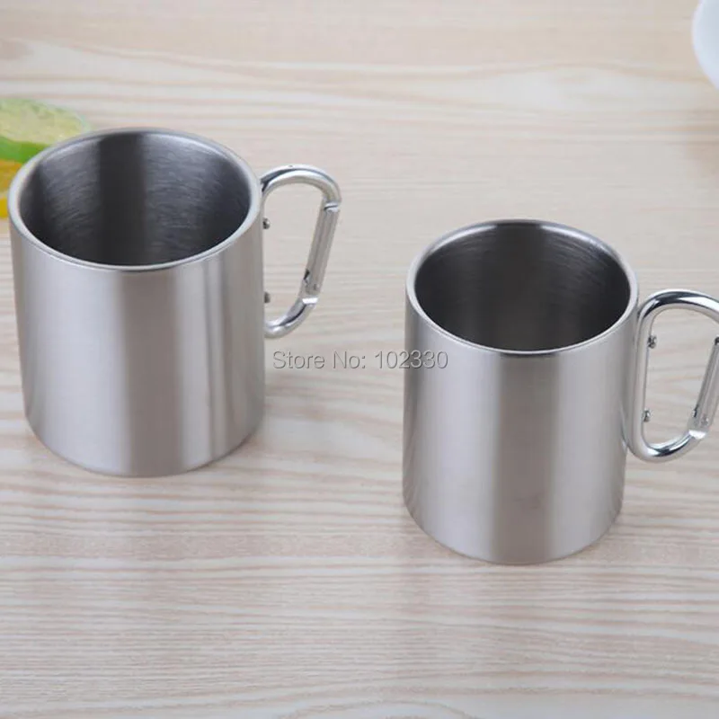 

100pcs Carabiner Handle Cup And Double Wall Stainless Steel Mug 300ml Camping Clip Hook Traveling Outdoor Drinkware