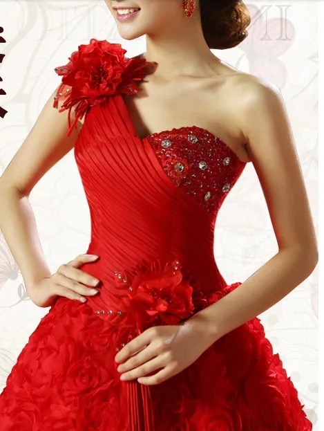 

Ball Gown One Shoulder Floor Length Red Organza Formal Bridal Gowns Flower Wedding Dresses New