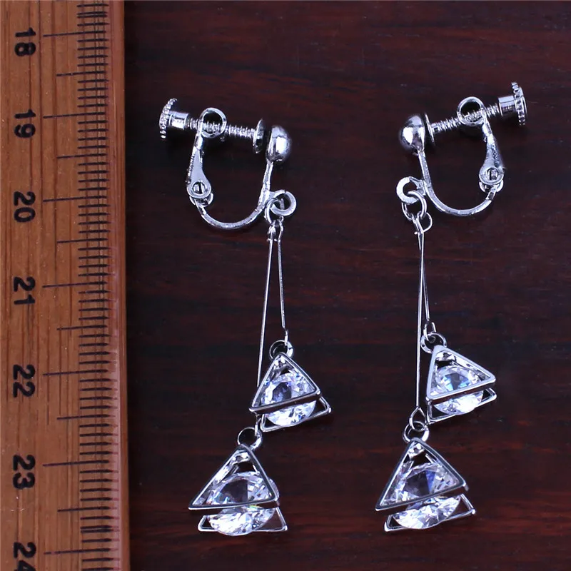 2017 New Style Fashion Double Triangle CZ Clip on Earrings Non  Piercing for Women Party Luxury Cute Long Earrings Not Allergy