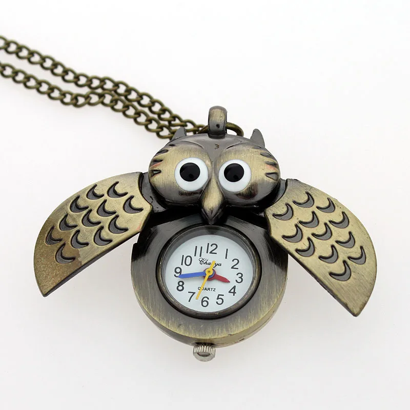 Wholesale watches 10pcs/Lot Bronze Owl Necklace Pendant Pocket Quartz Watch Chain Battery Included Gift GL03ET