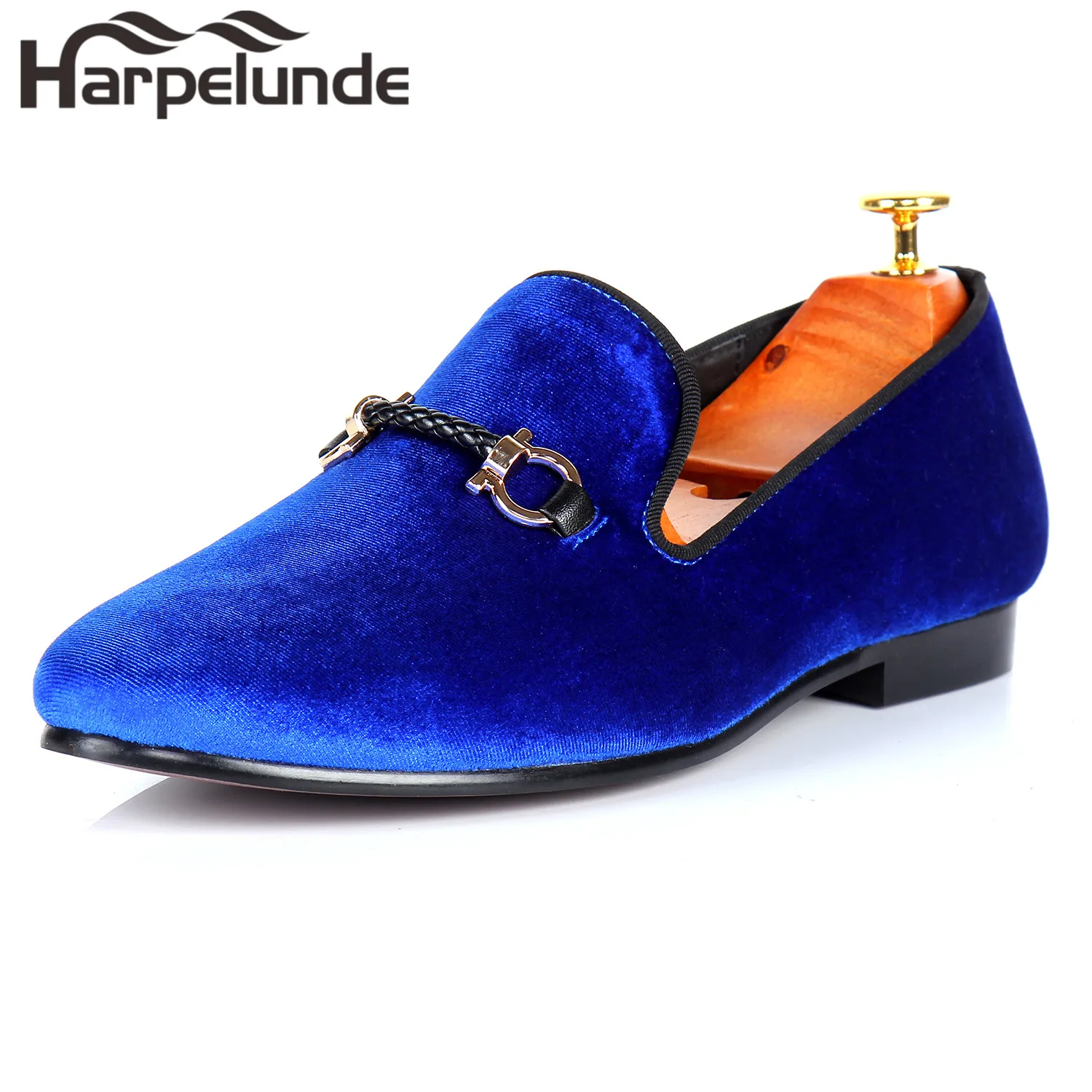 

Harpelunde Men Buckle Strap Dress Shoes Blue Velvet Flat Loafers Size 6-14