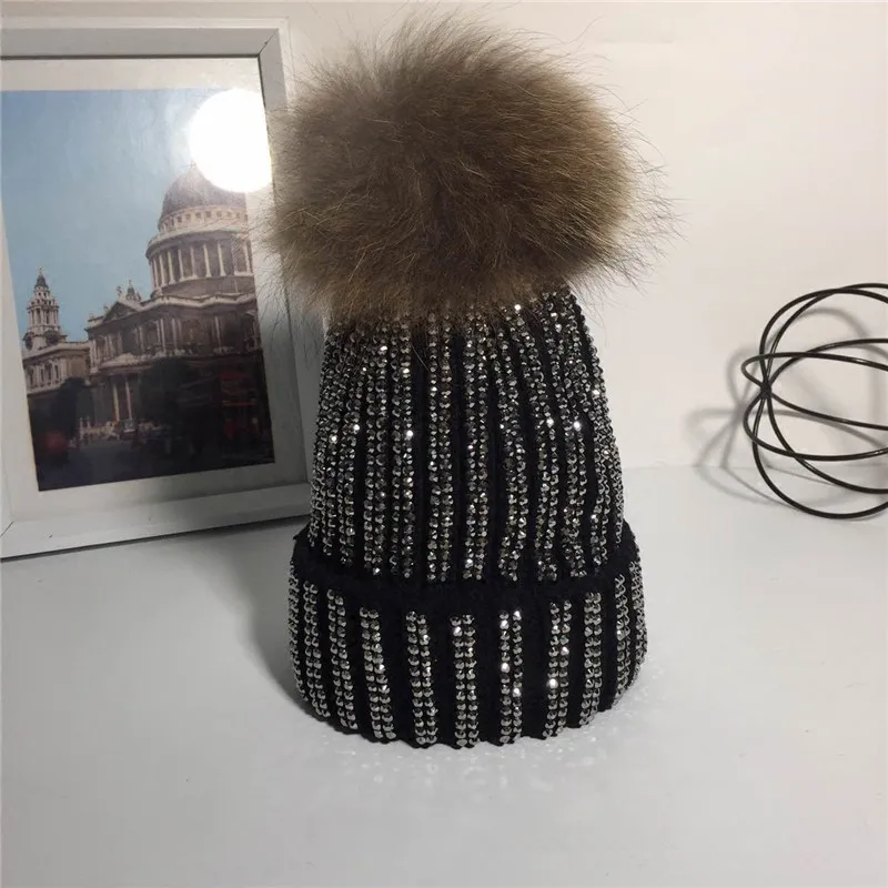 KNB013 Removable Winter Warm Fur Pom pom Knitted Hats Women Handmade Striped Rhinestone Bones Skullies Beanie With 15cm Fur Ball