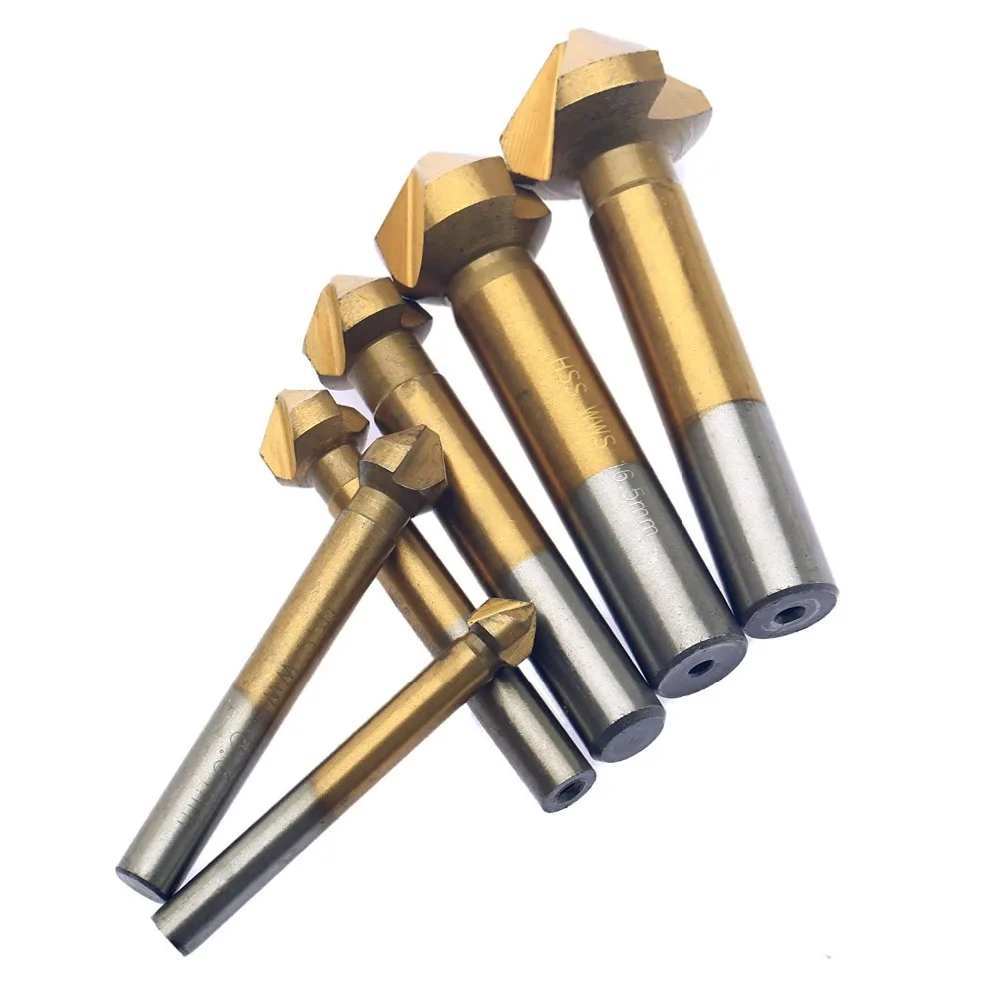 6 pz/set 3 flauto HSS metalli duri titanio tre bordi smusso smussatura fresa fresa punta da trapano svasatore Set all'ingrosso
