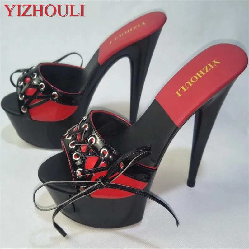 

New women's 15cm high heel strap decoration, thin heel black women's slippers, sexy stage performance, dancing shoes