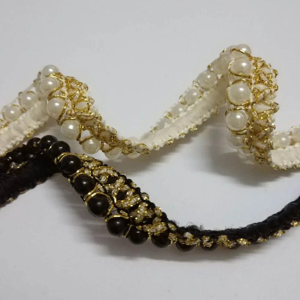 13-15MM Width Vintage Nylon White Black Pearl Beaded Lace Trim Gold Lace Handmade DIY Costume Dress Sewing Supplies Craft