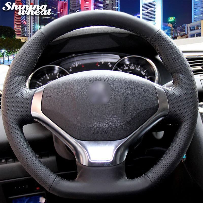 

Shining wheat Hand-stitched Black Leather Car Steering Wheel Cover for Peugeot 3008 2013-2015