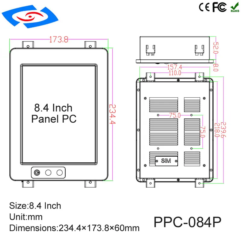 Painel pc sem ventilador embutido de alta qualidade, 8.4 polegadas, com sistema xp/win7/win8/win10/linux, suporte para modem 3g para educação escolar, mini pc