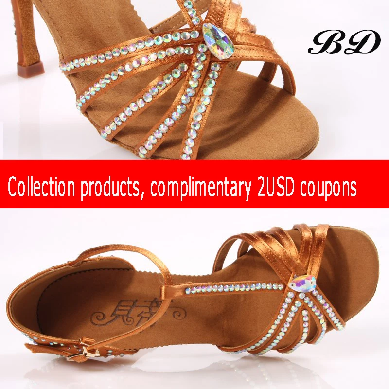 SALSA High Quality Dance Shoes Brand Party Ballroom Latin Girl Sports With Diamond Brown Dancing Discount BD 217 Thin Heels