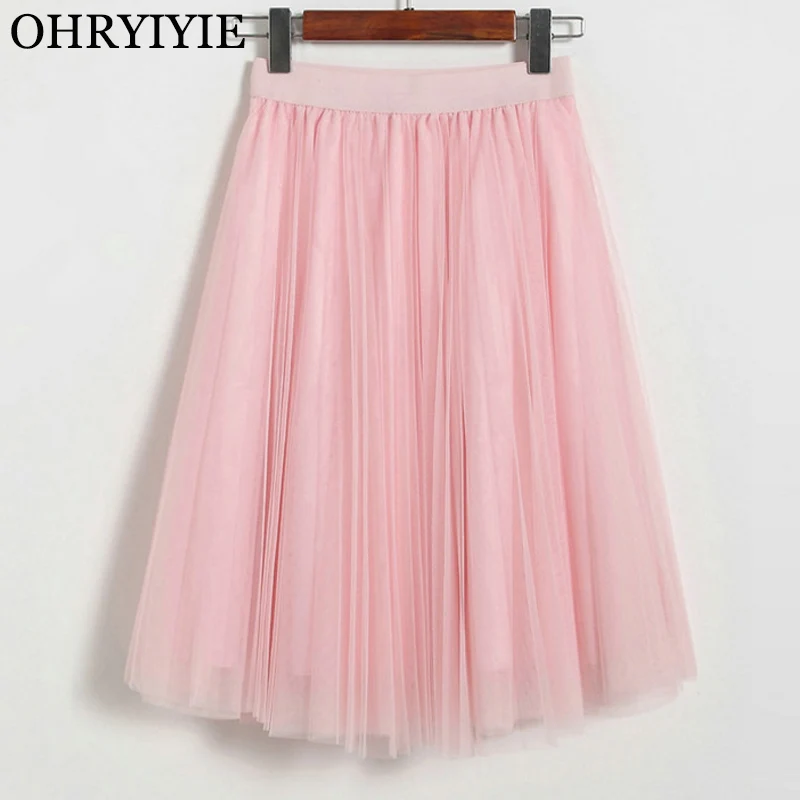 OHRYIYIE Spring Summer Purple Knee-Length Tulle Skirts Women Elastic High Waist Party Pleated Short Tutu Skirt Jupe Longue Femme