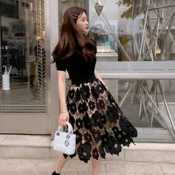 Fashion Elegant O-neck Knitted Tops and Lace Skirt 2 piece set Floral Crochet Hollow Ball Gown Knee-length Skirt Sets 3 colors