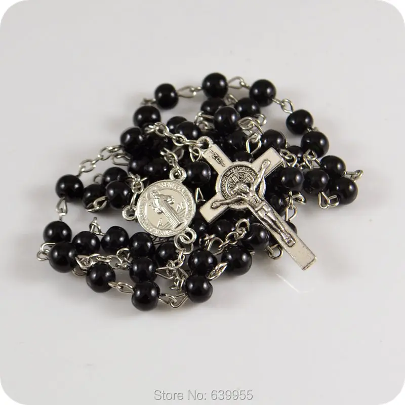 مسبحة من الزجاج الأسود ، مسبحة القديس بنديكت ، قلادة إنري جيسوس الصليب ، أزياء مسيحية كاثوليكية ، مجوهرات دينية ، 6 ميدالية #3
