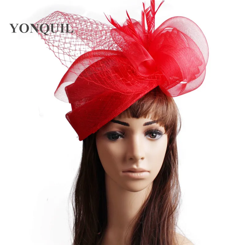 Female Sinamay Fashion Red Fascinator Hats Mesh Elegant Ladies Crinoline Headwear Ocassion Hair Accessory Cocktail Headpiece