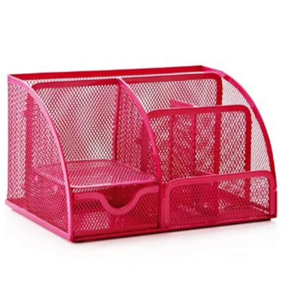 Hot Pink Office Supplies Mesh Desk Organizer Desktop Pencil Holder Accessories Caddy with Drawer, 7 Compartments