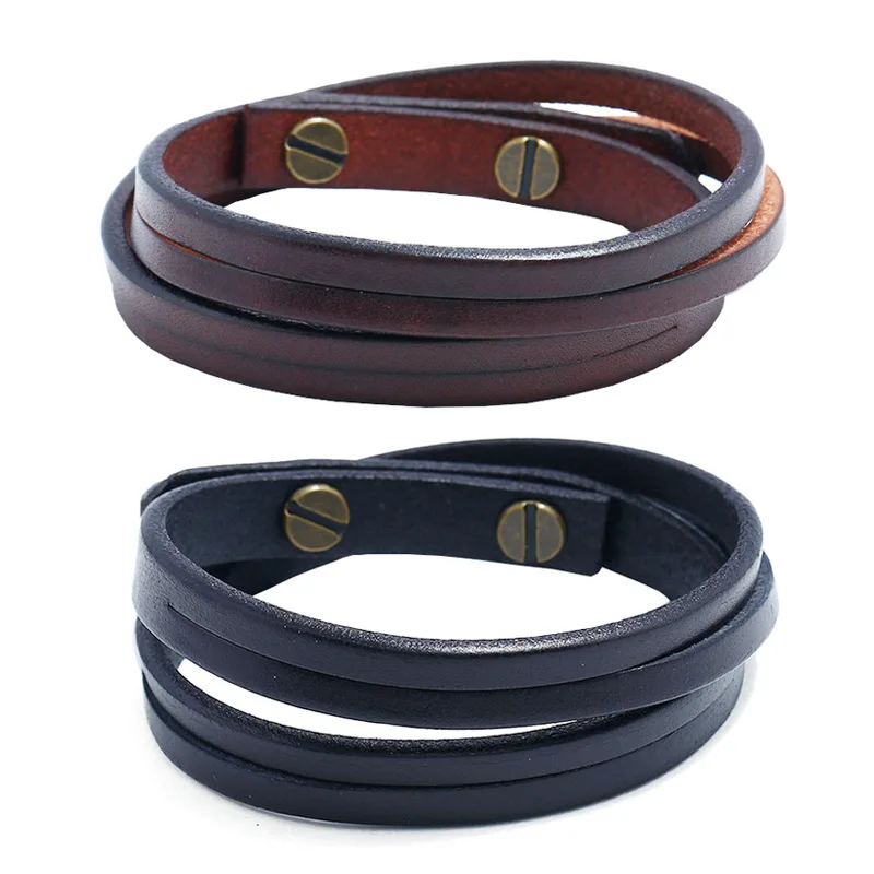 Simple Double-deck Leather Bracelets&Bangles For Men Punk brown/Black Wristband Cuff Jewelry boy Gift