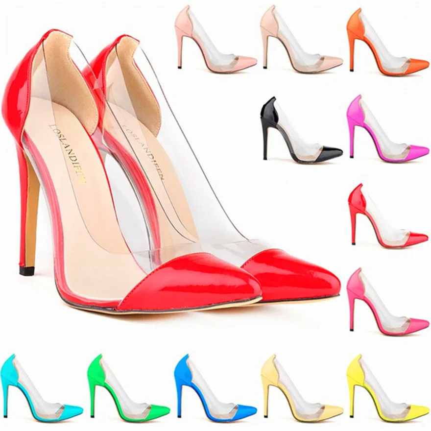 Fashion Women High Heels Shoes Autumn Patent Leather Pointed Woman Pumps 11cm Stiletto Sexy Side Transparent PVC Lady Party Shoe