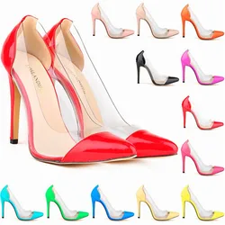 Fashion Women High Heels Shoes Autumn Patent Leather Pointed Woman Pumps 11cm Stiletto Sexy Side Transparent PVC Lady Party Shoe