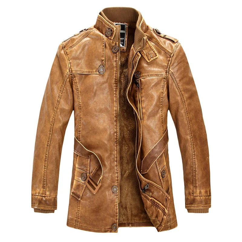 Winter Leather Jacket Mens Casual Warm Mens Long Leather Trench Coat Washed PU Leather Motorcycle Jacket Plus size 3XL