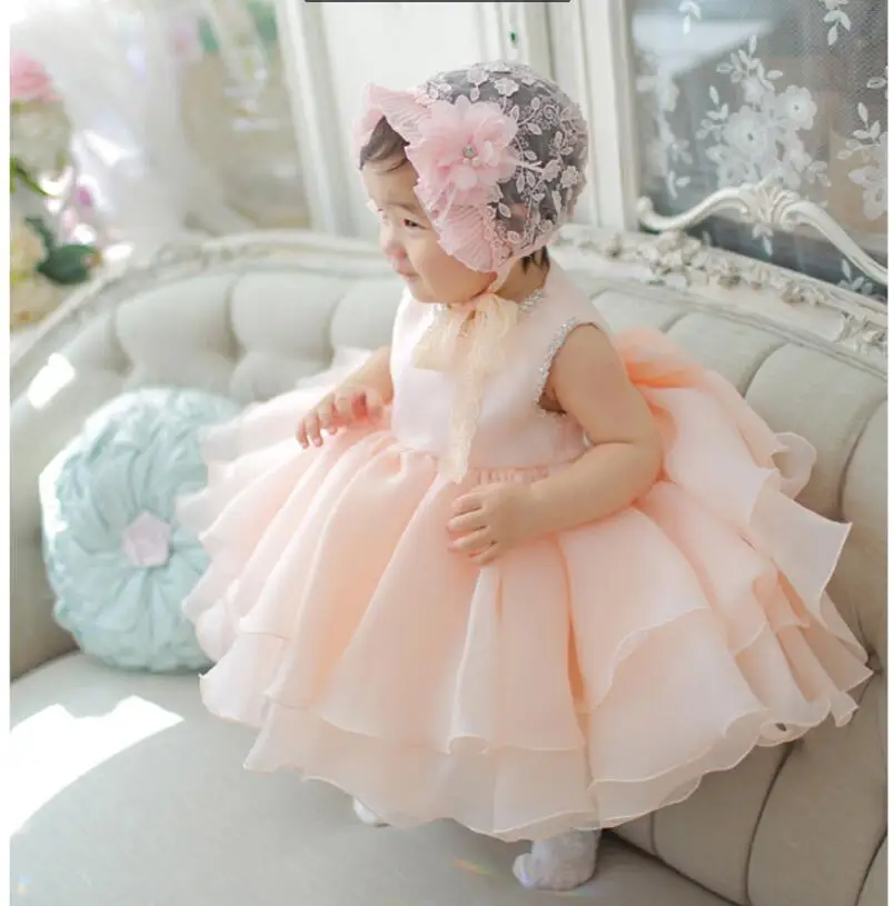 Infant Flower Girl Gowns layered Tulle Beaded Dresses For Girl Party Princess Girl Clothes For 1 Years Birthday Baptism Dresses