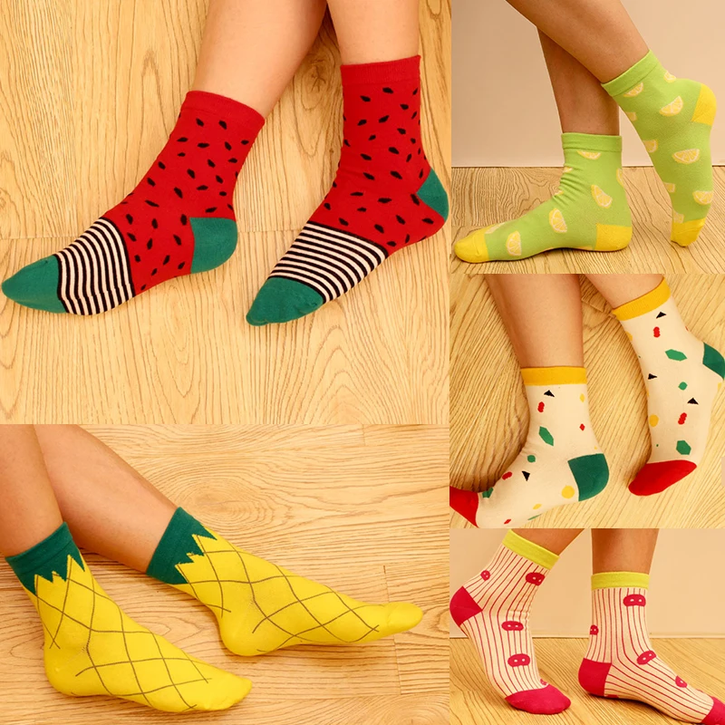 Spring Autumn Women Cotton Cartoon Fruit Socks Dot Mixed Sweet Food Socks in Tube For Female Wholesale