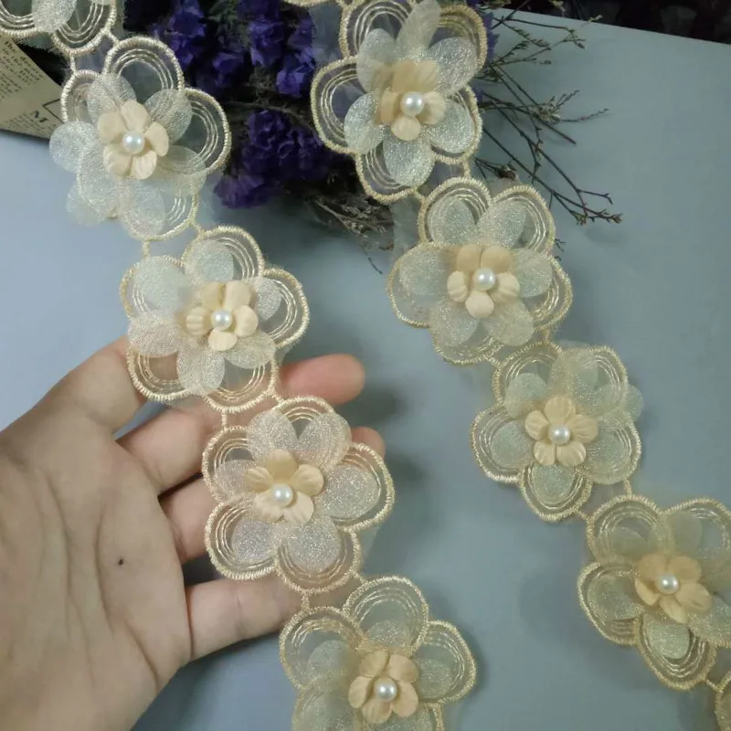 

1 yard Gold Pearl Beaded Embroidered Flower Lace Trim Floral Applique Patches Fabric Sewing Craft Vintage Wedding Dress