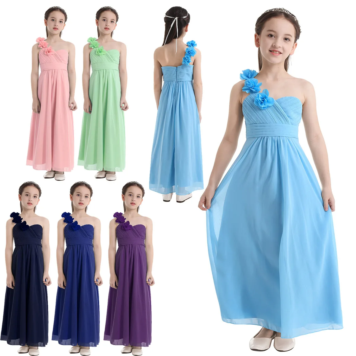 Summer Elegant Girls Princess Dress Wedding Bridesmaid Birthday Party Chiffon Dress Solid Color Draped Flower Girl Dress