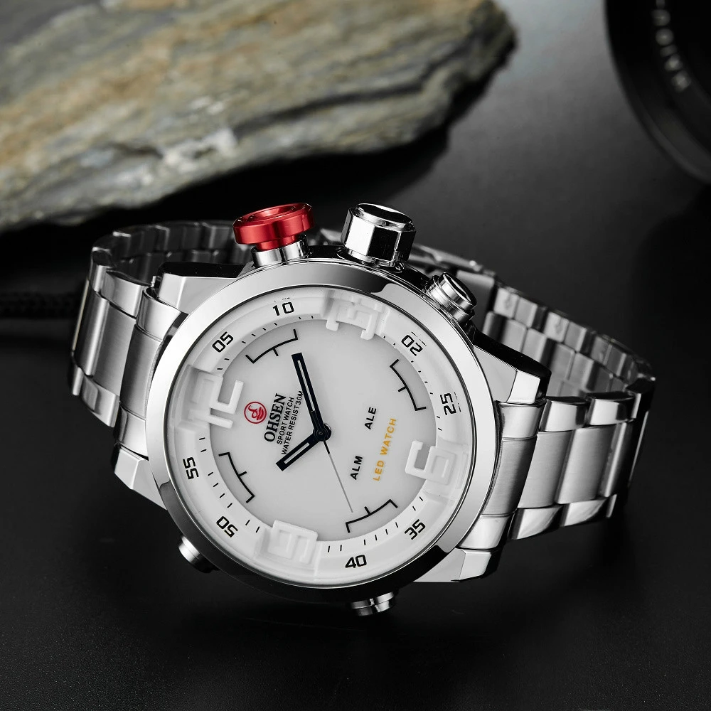 New OHSEN Brand Digital Quartz Men Business Wristwatches White Full Steel Band Fashion LED Military Dress Casual Watch Gift