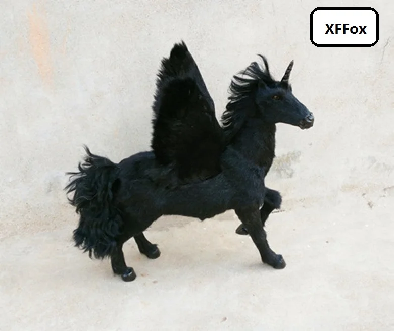 

big real life wings horse model plastic&furs simulation black unicorn doll gift about 32x34x26cm xf1891