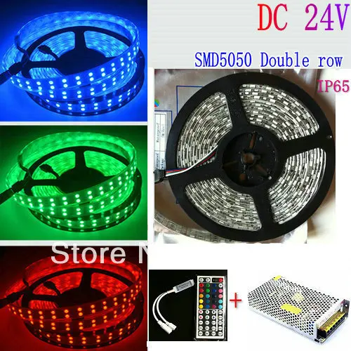 

DC24V 5M 16.4FT 120Leds/M Double Row 5050 RGB LED Strip 600Leds SMD Light Waterproof IP65+Mini 44 Key IR Remote Controller+Power