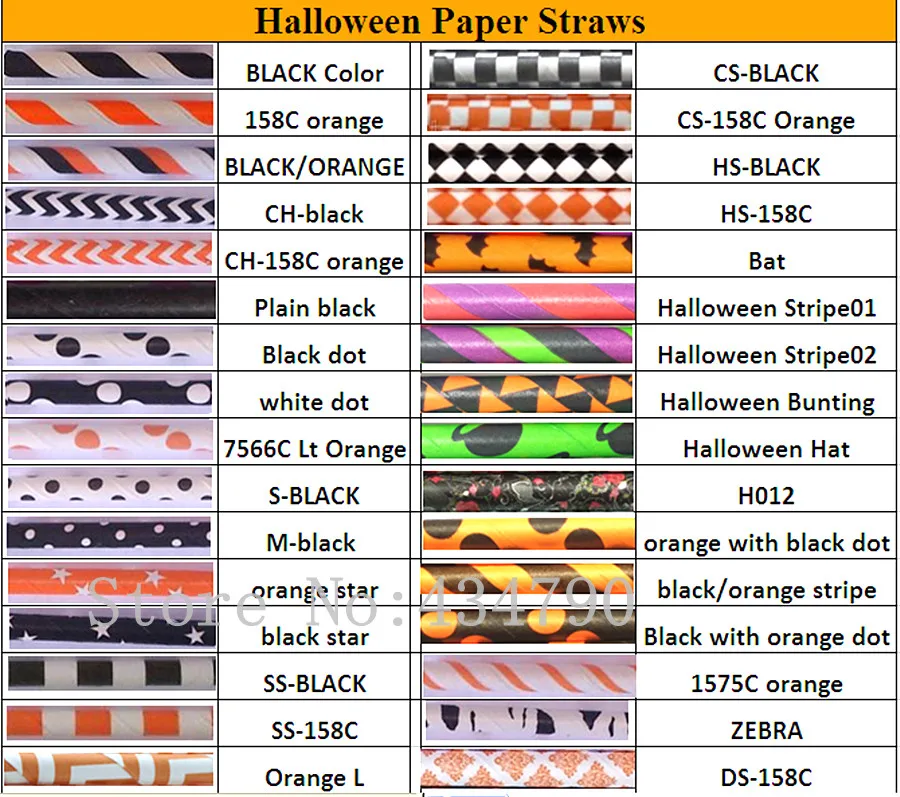 

Free Shipping 1500 pcs Over 450 Styles Halloween Paper Straws Bulk-Black Orange Striped Dot Chevron Star Damask Plain Bat Party