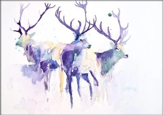 100% Hand Painted Watercolor Abstract Three Deer Heads Oil Painting Unique Handmade Wall Art Decorative Animal Acrylic Picture