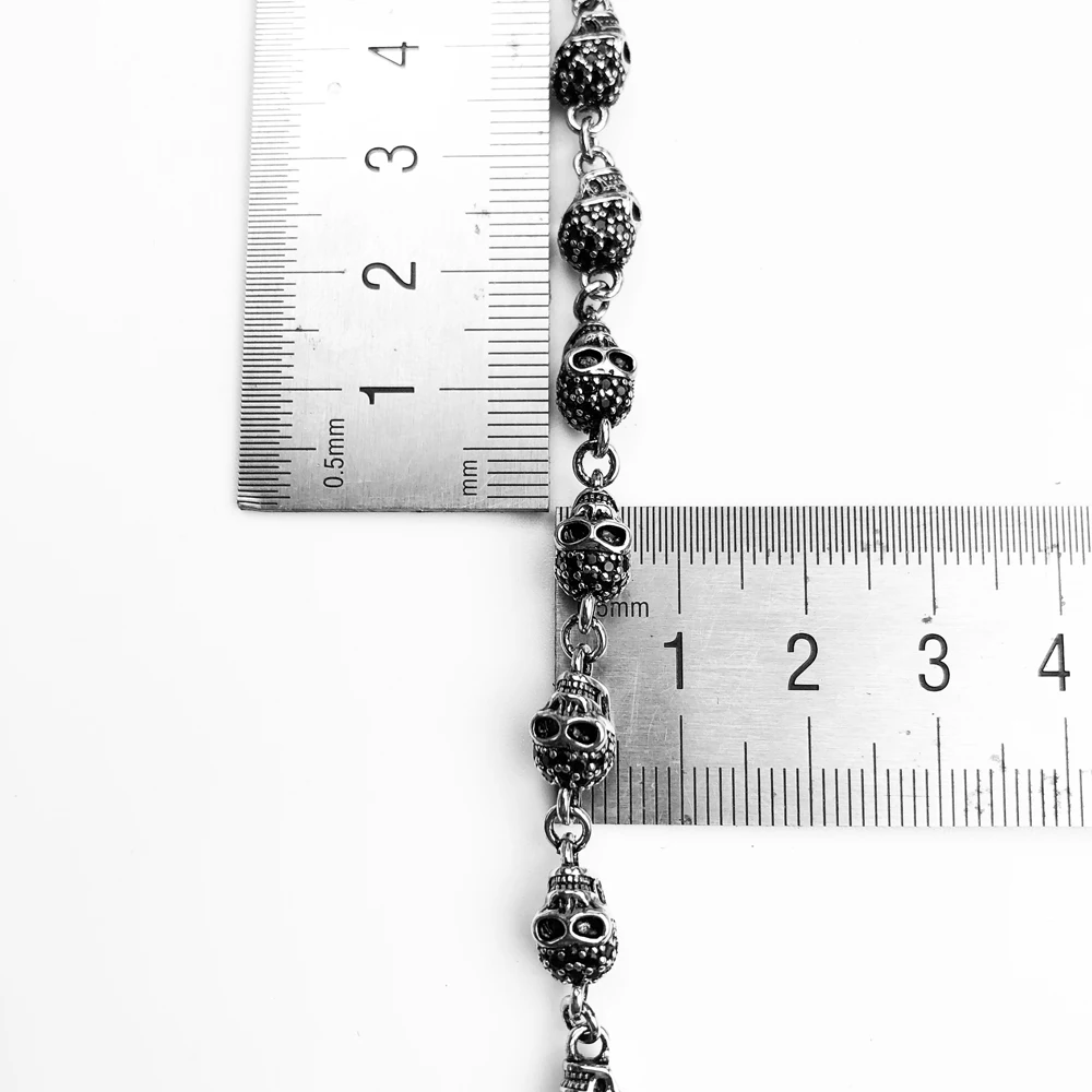 Bracelet Link Chain Skulls Pave with Black Zirconia Pure 925 Sterling Silver Punk Fine Jewelry Rebel Street Gift for Women Men