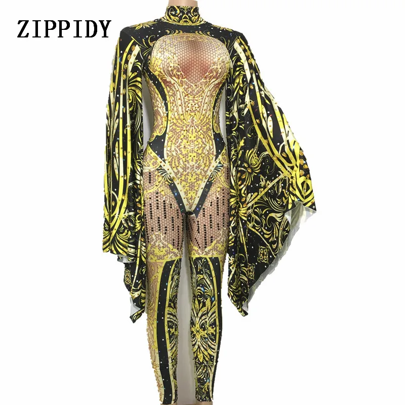 

Fashion Black Yellow Jumpsuit Outfit Women Celebrate Rhinestone Costume Female Singer Big Sleeves Bodysuit Performance Wear