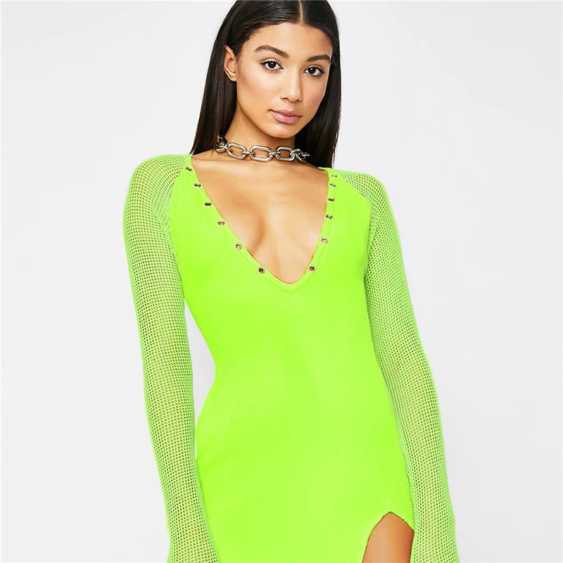 Spring New Fluorescent Green Women Casual Mesh Dress 2019 Summer Fashion Basic V Neck Long Sleeve Beach Leisure Vacation Dresses