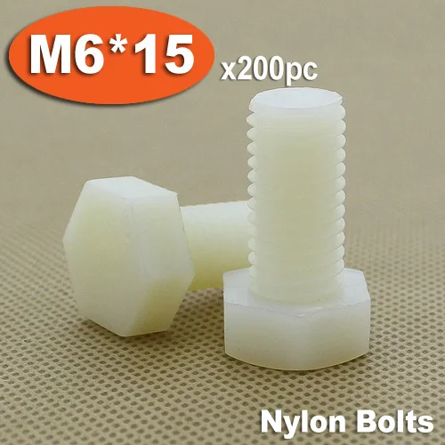 

200pcs DIN933 M6 x 15 Fully Threaded White Plastic Nylon Bolts Hexagon Hex Head Bolt Set Screw Setscrews