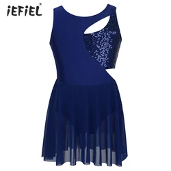 iEFiEL Kids Girls Sleeveless Asymmetrical Tutu Ballet Dress Dancewear Shiny Sequin Figure Ice Roller Skating Leotard Stage Dress