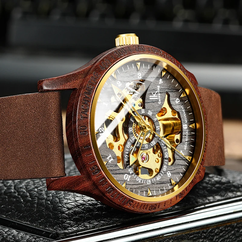 IK Colouring Men\'s Wood Watch Luxury Golden Skeleton Mechanical Wooden Case Leather Strap Automatic Male Wristwatch Dropshipping