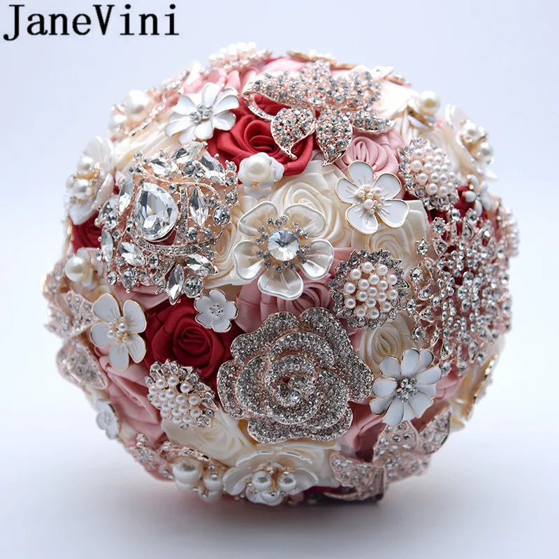 JaneVini Shiny Crystals Rose Wedding Bouquet De Mariage Burgundy Pearls Jewelry Brides Satin Flowers Rhinestone Bridal Bouquets