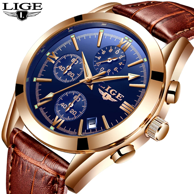 

Relogio Masculino LIGE Man Watch Top Brand Luxury Chronograph Men Fashion Waterproof Quartz Watches for Men Casual Leather Watch